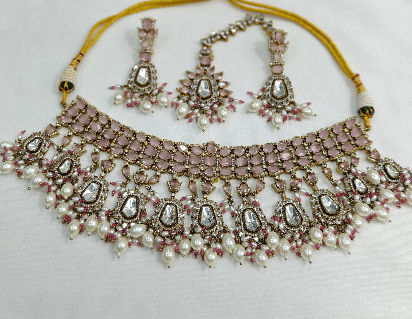 Premium Quality Polki Kundan with AD Choker Set with Earrings & Maangtikka Jewellery Set