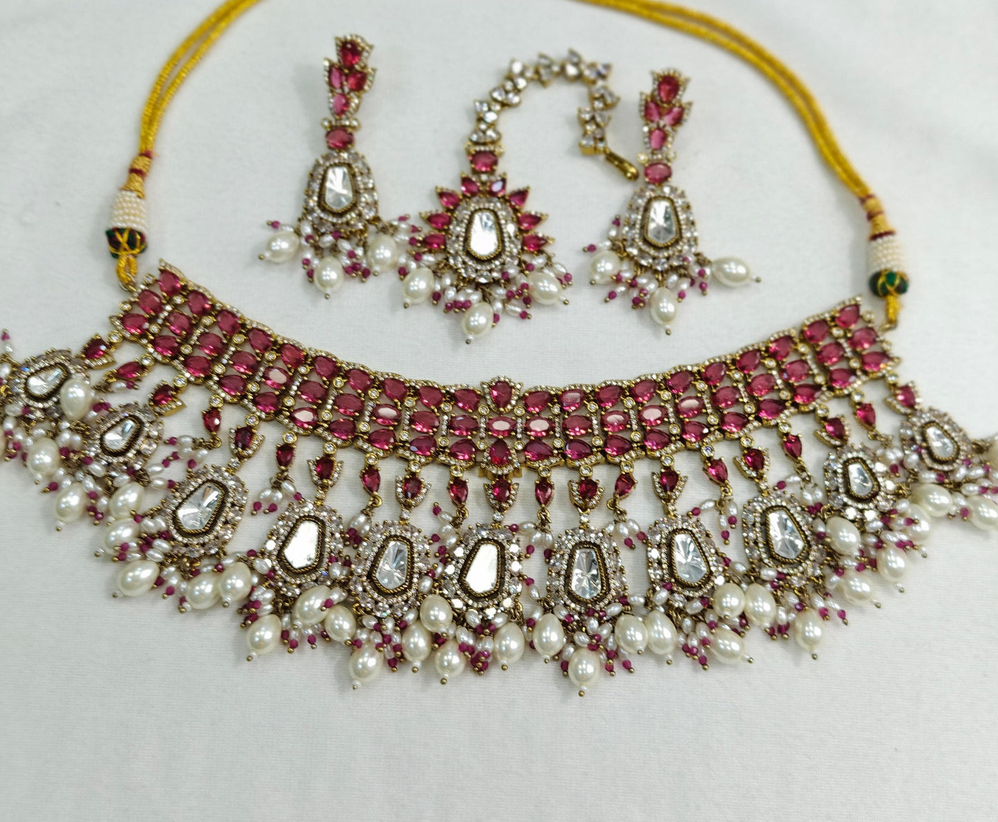 Premium Quality Polki Kundan with AD Choker Set with Earrings & Maangtikka Jewellery Set