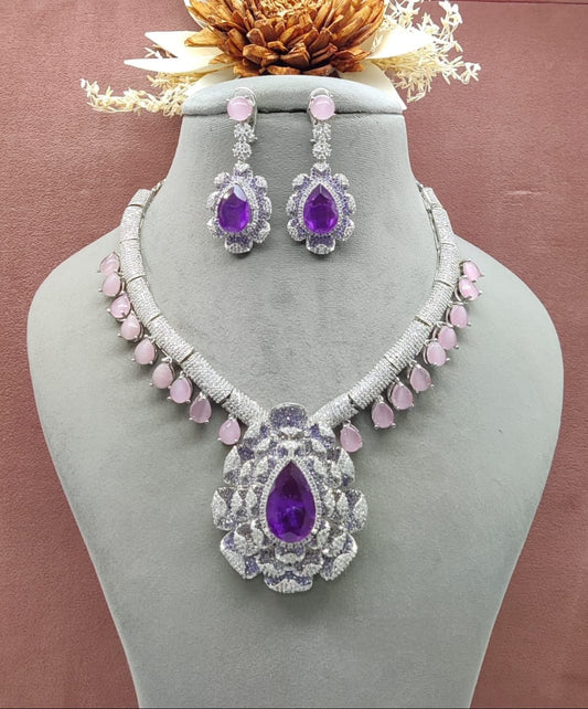 Premium Quality Purple American Diamond Necklace Set with Earrings – Exquisite Jewellery Collection