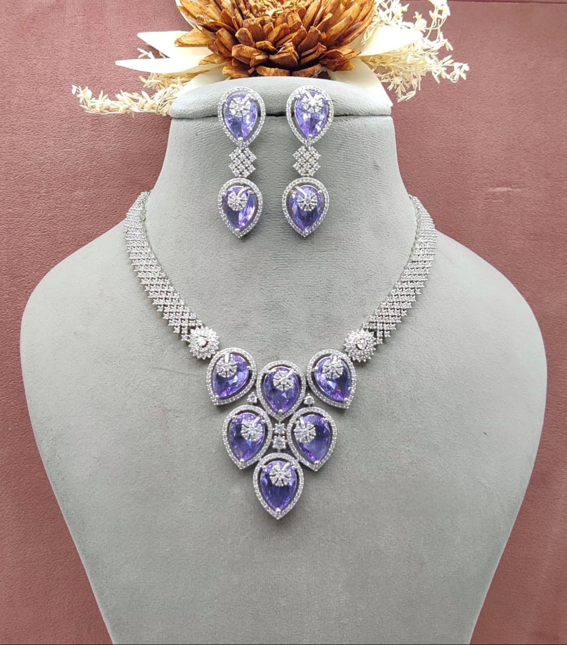 Premium Quality Purple American Diamond Necklace Set with Earrings – Exquisite Jewellery Collection