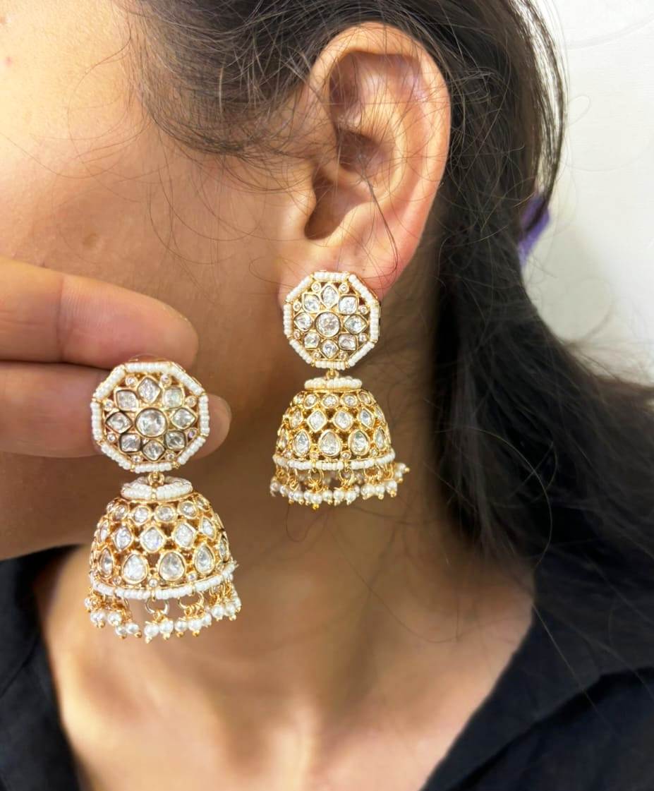 High-Quality Polki Kundan Jhumka Earrings - Stunning Jewelry Collection ,