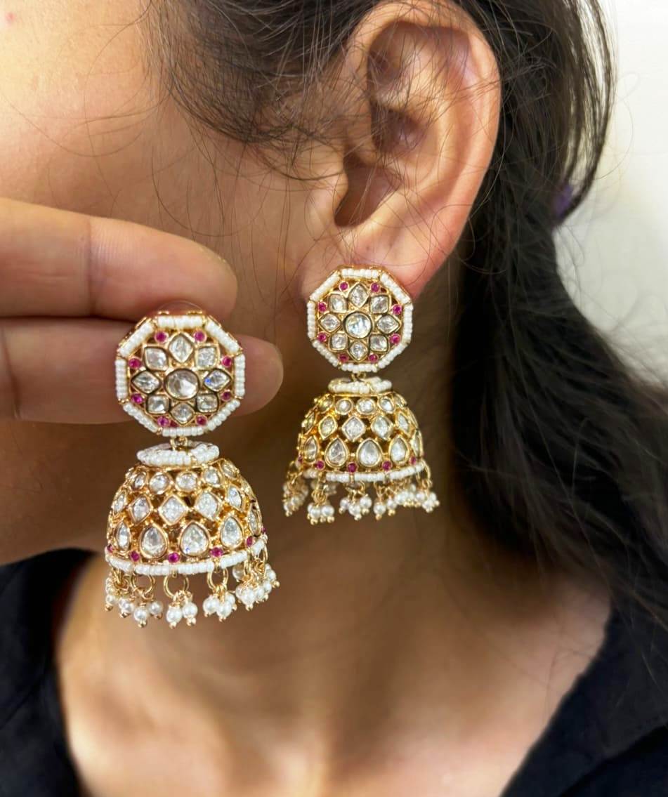 High-Quality Polki Kundan Jhumka Earrings - Stunning Jewelry Collection ,