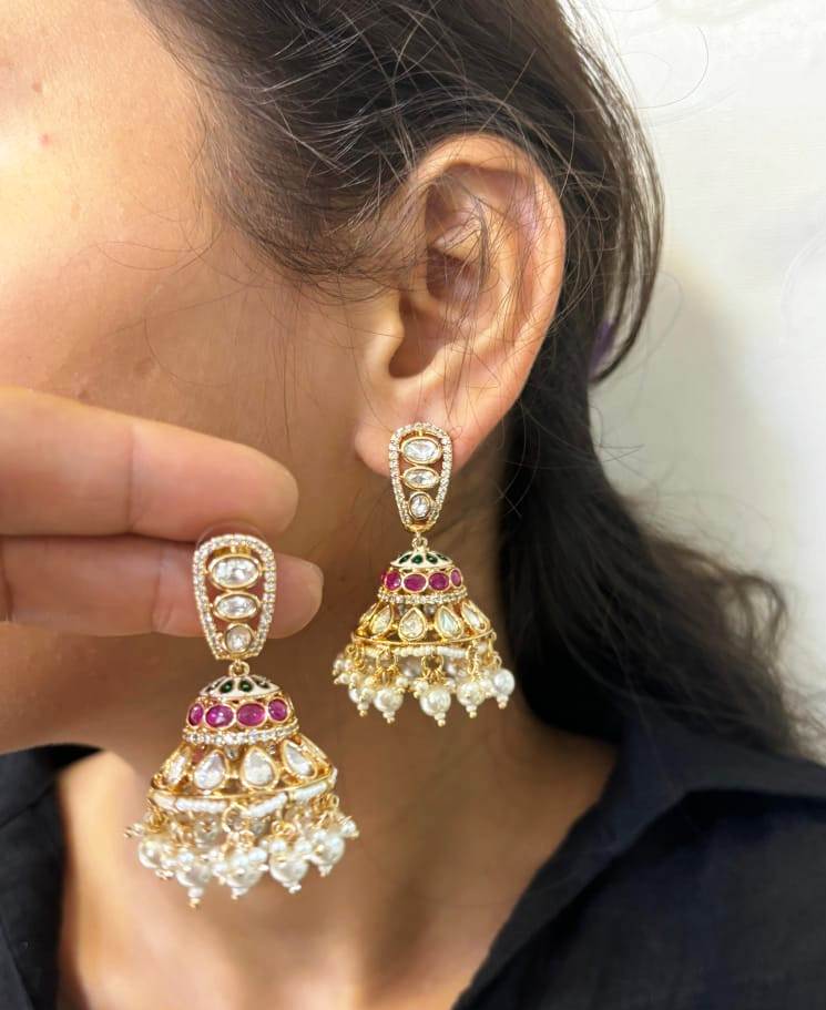 High-Quality Polki Kundan Jhumka Earrings - Stunning Jewelry Collection , Indian Jhumka Jewelry