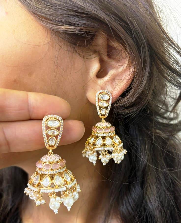 High-Quality Polki Kundan Jhumka Earrings - Stunning Jewelry Collection , Indian Jhumka Jewelry