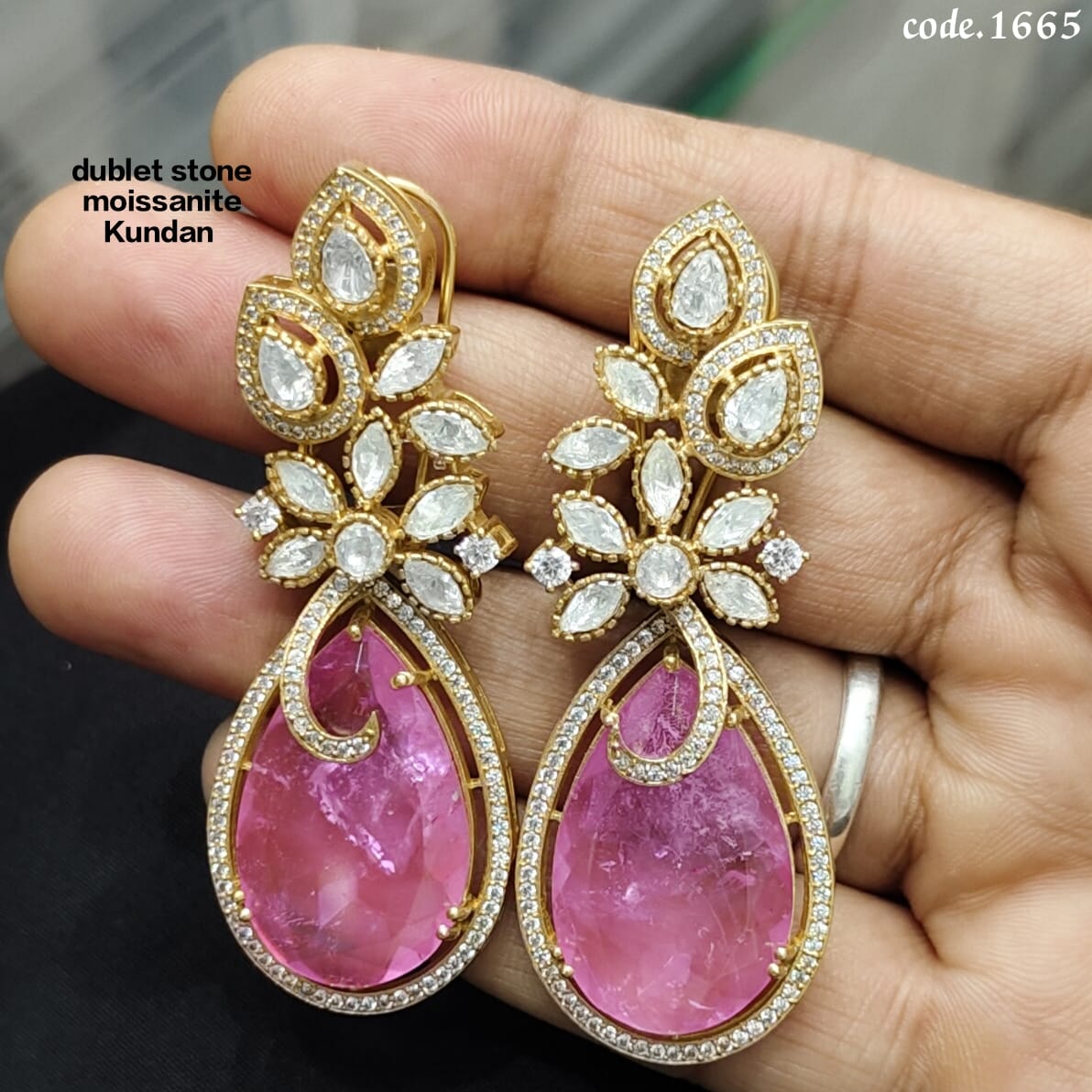 Premium Quality Handmade Golden Brass Doublet Stone Moissanite Kundan Earrings