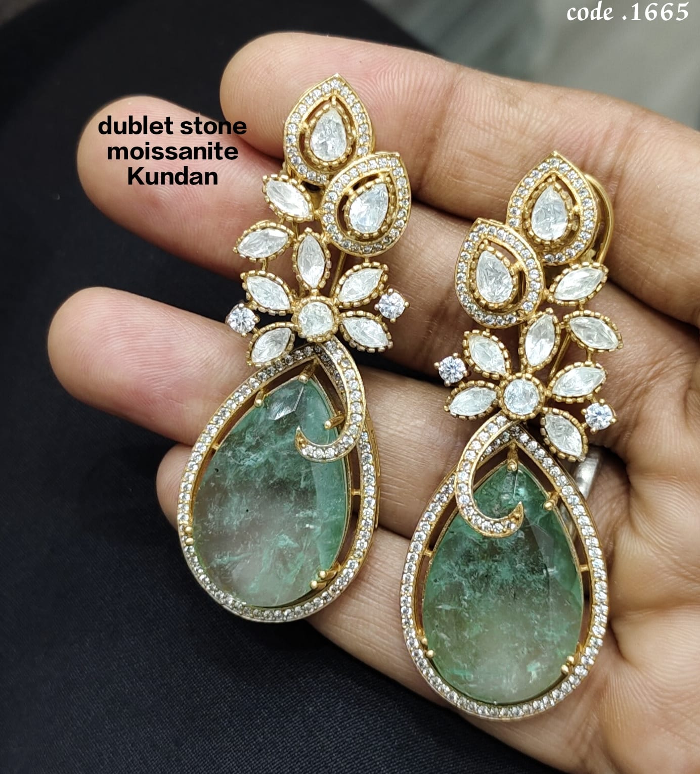 Premium Quality Handmade Golden Brass Doublet Stone Moissanite Kundan Earrings