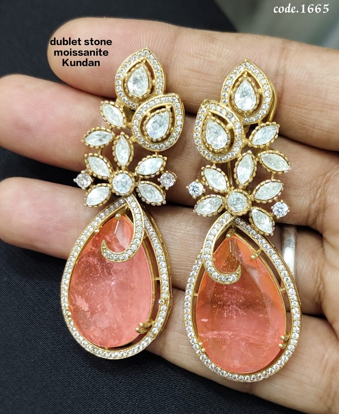 Premium Quality Handmade Golden Brass Doublet Stone Moissanite Kundan Earrings