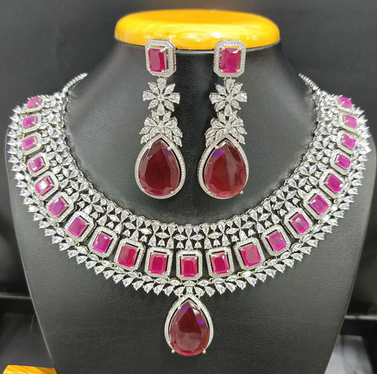 High-Quality Red American Diamond Necklace Set with Earrings – Sparkling Elegance for Special Occasions