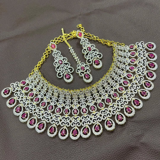 Exquisite American Diamond Necklace Set with Earrings & Maangtikka, Indian jewellery set , Premium Quality Bridal Jewelry