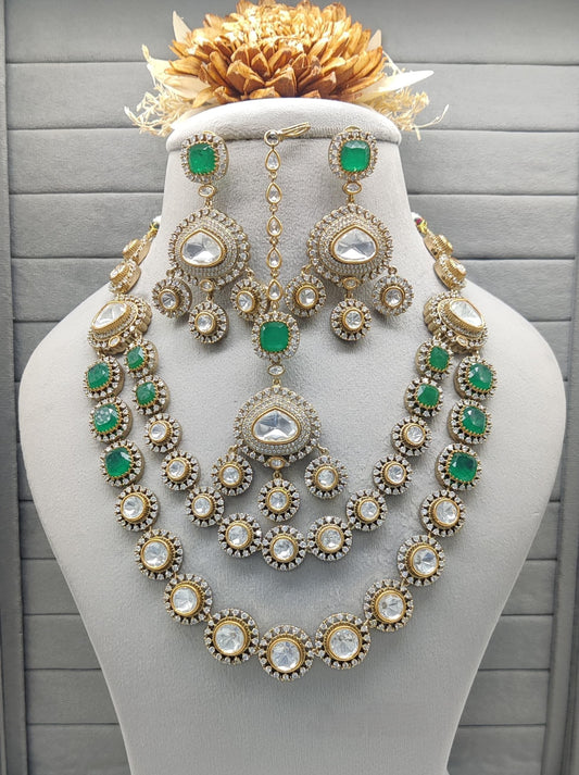 Premium Quality Double-Layer Kundan Necklace Set with Mini AD Work – Includes Earrings & Maangtikka for Special Occasions