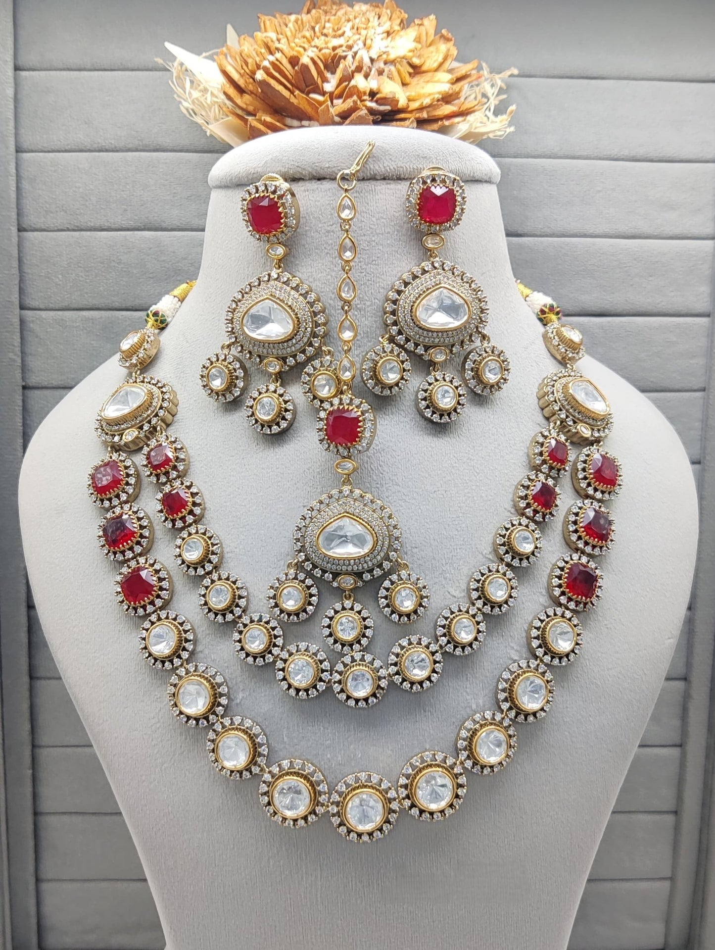 Premium Quality Double-Layer Kundan Necklace Set with Mini AD Work – Includes Earrings & Maangtikka for Special Occasions