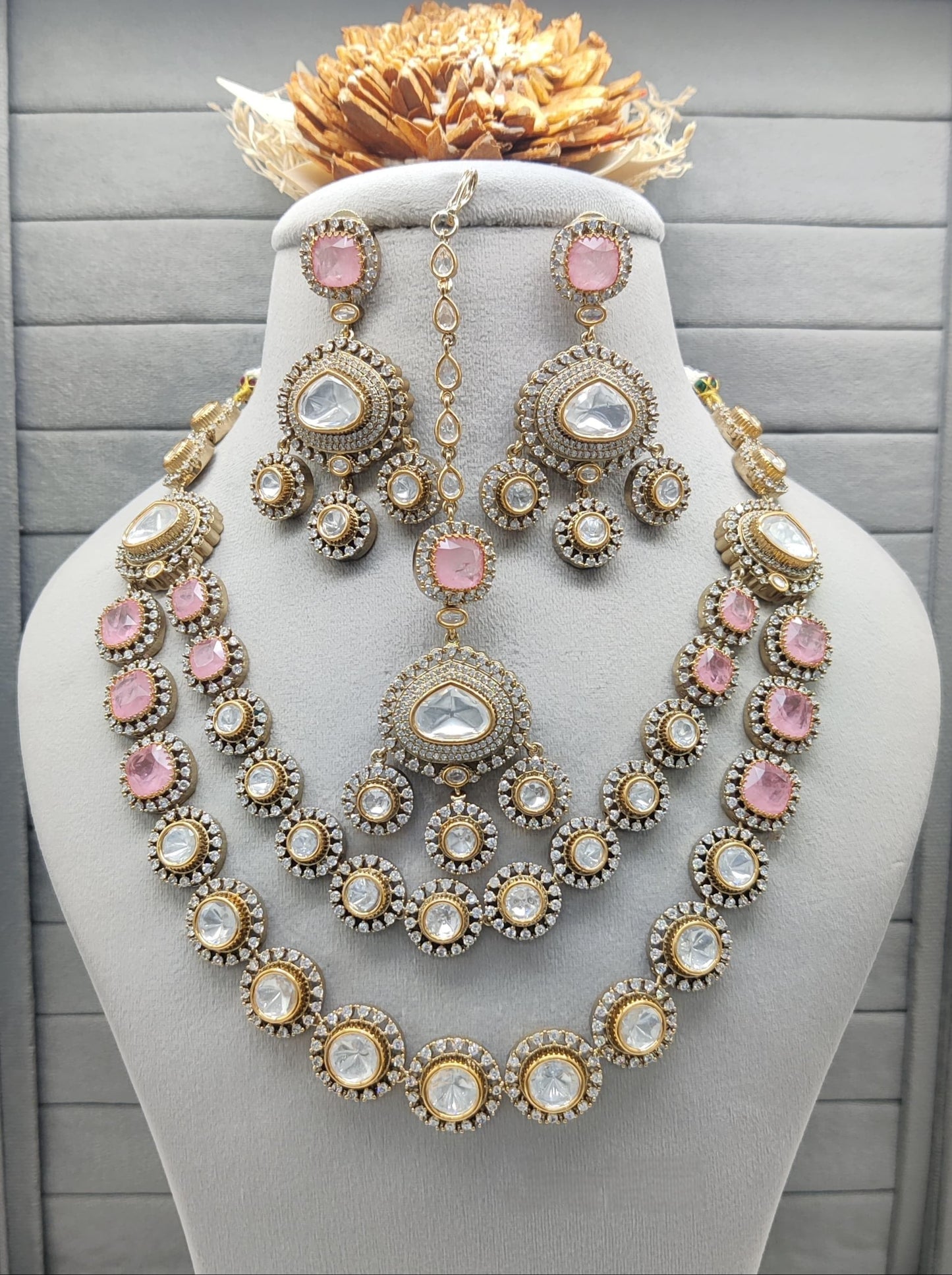 Premium Quality Double-Layer Kundan Necklace Set with Mini AD Work – Includes Earrings & Maangtikka for Special Occasions