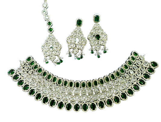 High-Quality Full Bridal American Diamond Necklace Set with Earrings and Maangtikka