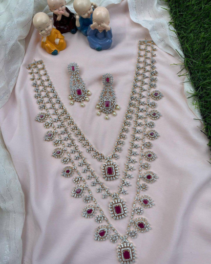 Sagunittu Jewel: Radiant Elegance in Every Layer - Exquisite 3-Layer CZ Haram Necklace Set with Adorned Earrings