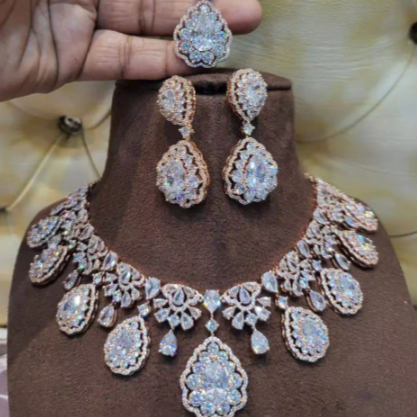 American Diamond Necklace with Earrings and maangtikka jewelry set , American diamond bridal set ,AD jewelry
