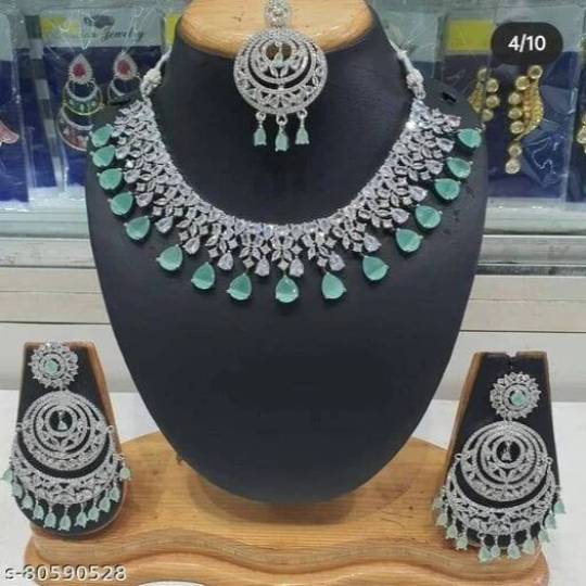 Dazzling Dreams: American Diamond Bridal Necklace Set with Earrings, Maangtikka, and AD Jewelry