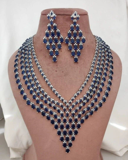 Sapphire blue Ad full bridal long 5 layer set with earrings /American diamond full bridal necklace set