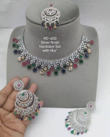 Dazzling Dreams: American Diamond Bridal Necklace Set with Earrings, Maangtikka, and AD Jewelry