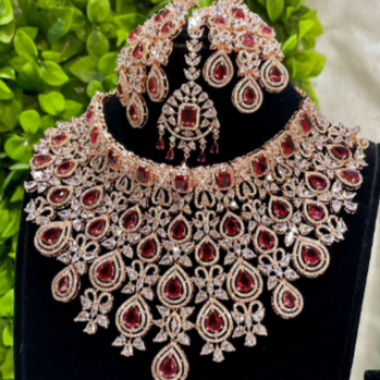 Regal Amethyst Elegance: Luxurious American Diamond Bridal Necklace Set with Earrings and Maangtikka in Premium