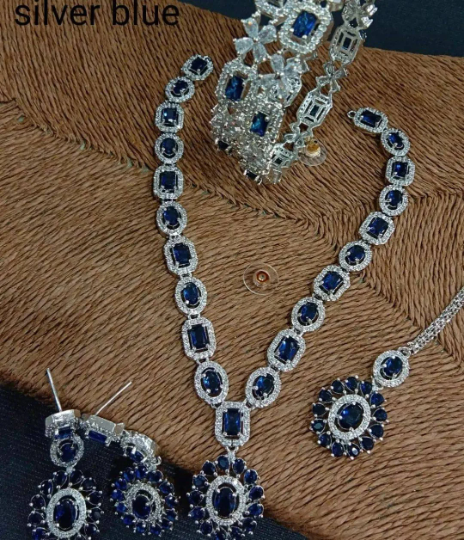 Resplendent Vintage Glamour: American Diamond Necklace Set with Earrings, Maangtikka, and Bangles from a Bygone Era