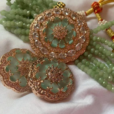 Enchanting Bollywood Opulence: Sea Green CZ Necklace and Earrings Choker Set with Hyderabadi Influences – A Bridal Choker Statement in Exquisite Indian and Pakistani Jewelry