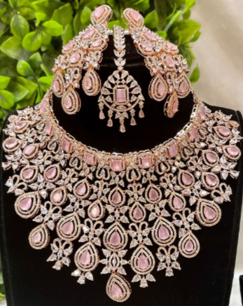 Regal Amethyst Elegance: Luxurious American Diamond Bridal Necklace Set with Earrings and Maangtikka in Premium