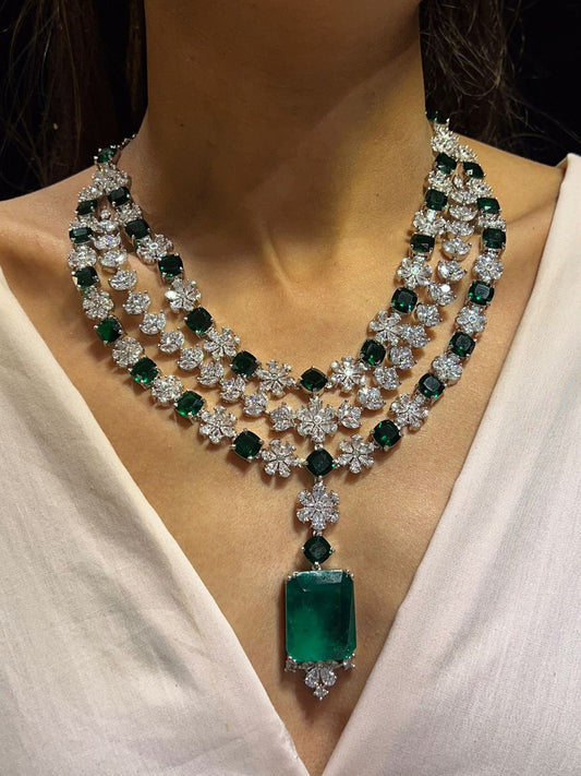 American Diamond Necklace Set with Earrings: Emerald Green Jewelry