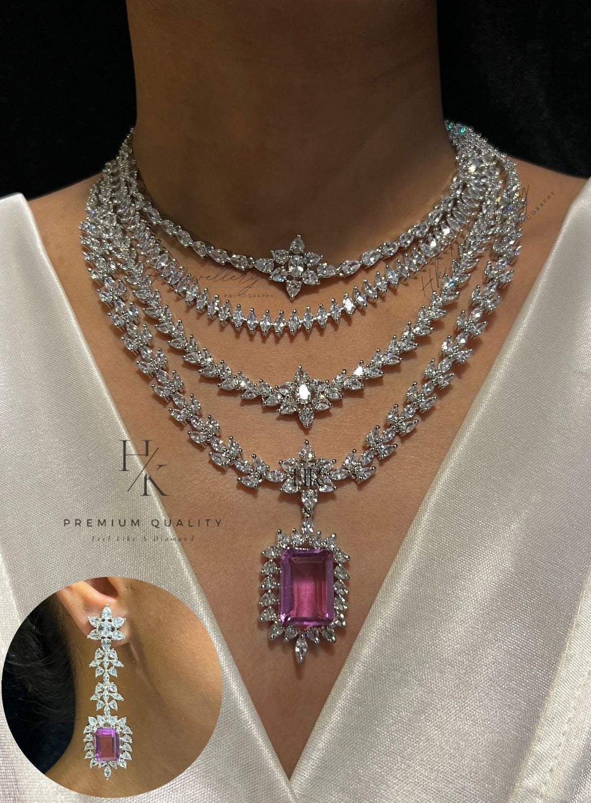 American Diamond Layered Necklace Set | Indian Bridal Jewelry (CZ Statement)