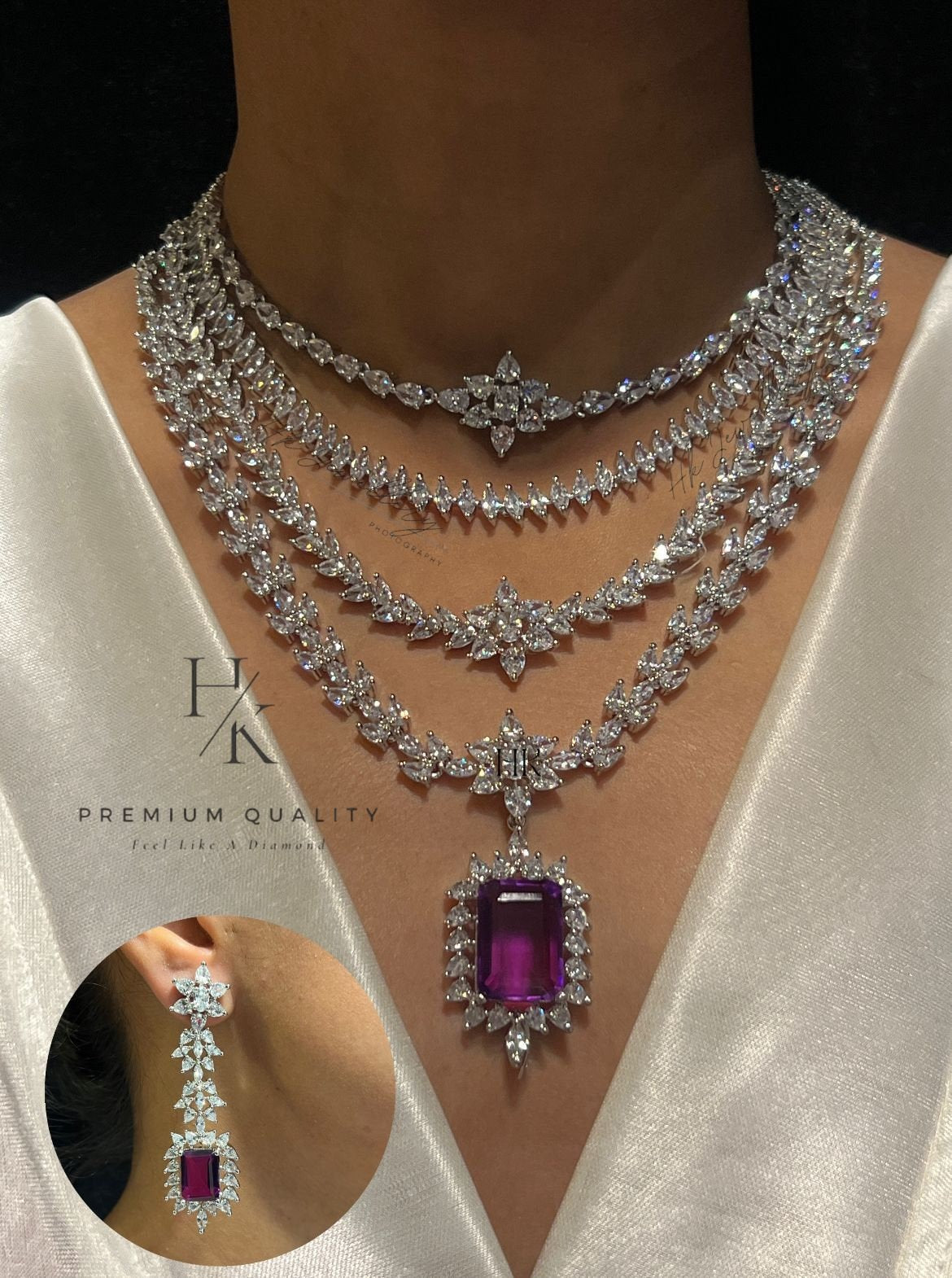 American Diamond Layered Necklace Set | Indian Bridal Jewelry (CZ Statement)