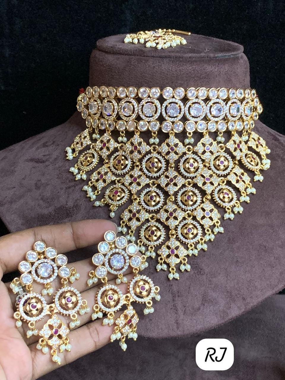 Jadau Choker Set, Indian Bridal Jewelry with Earrings