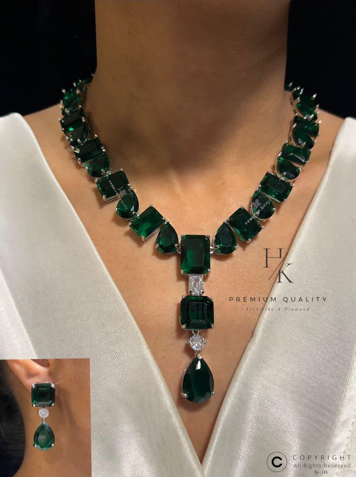 Emerald Green American Diamond Necklace Set with Earrings