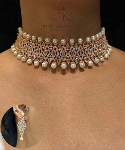 American Diamond Choker with Real Pearls and Earrings: Luxury Jewelry Set