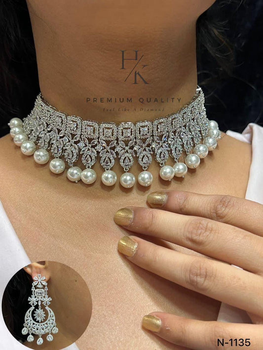 American Diamond Necklace Set: Indian Style Jewelry with Earrings