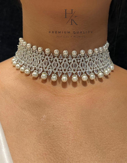 American Diamond Choker with Real Pearls and Earrings: Luxury Jewelry Set