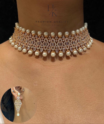 American Diamond Choker with Real Pearls and Earrings: Luxury Jewelry Set