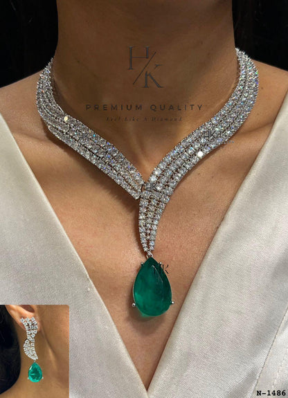 American Diamond Pendant Necklace & Earrings Set: Rhodium Plated Wedding Jewelry