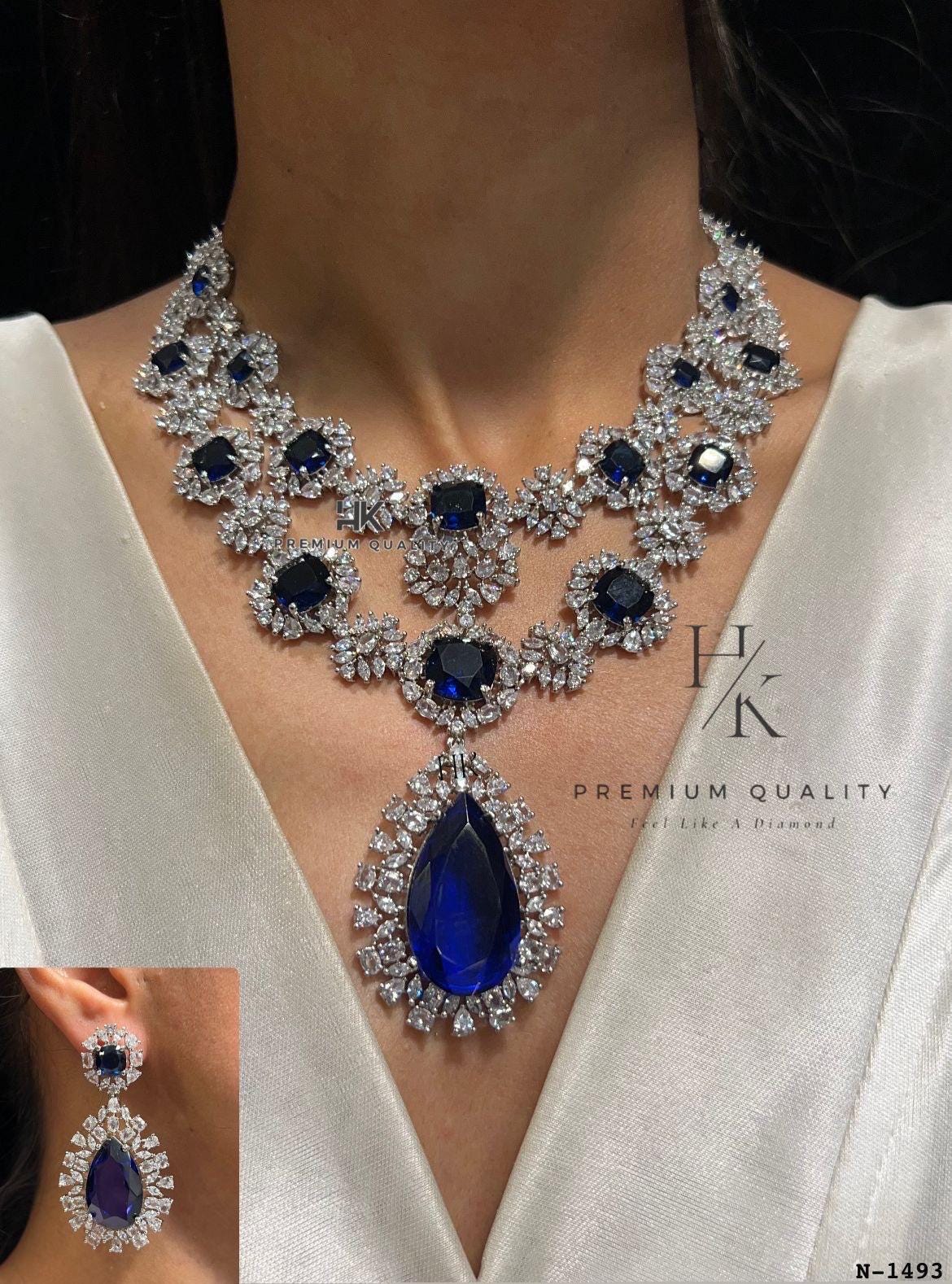 Emerald Style American Diamond Necklace Set | CZ Bridal Statement Earrings, Wedding Jewelry