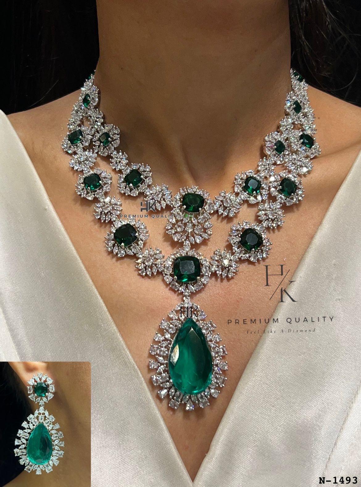 Emerald Style American Diamond Necklace Set | CZ Bridal Statement Earrings, Wedding Jewelry