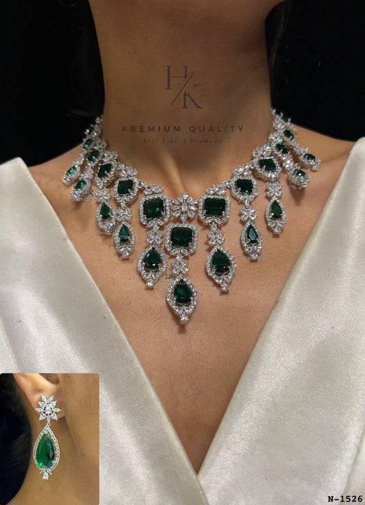 American Diamond Emerald Bridal Necklace Set | Floral CZ Wedding Jewelry