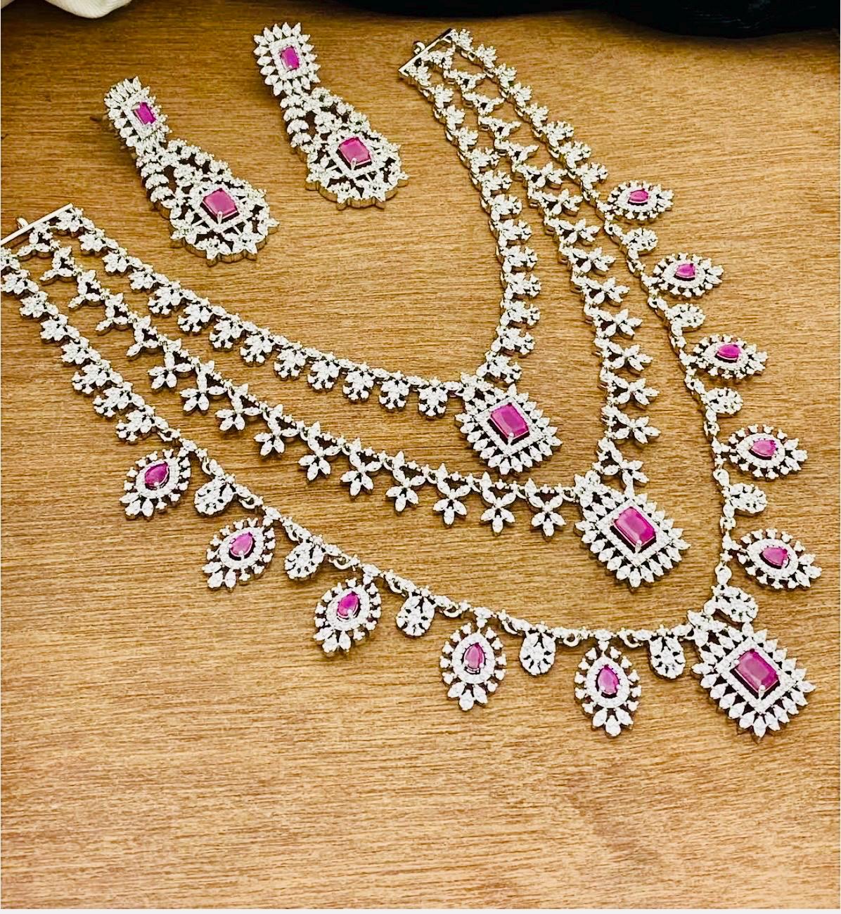 Silver Finish CZ Necklace Set: 3-Step American Diamond Jewelry