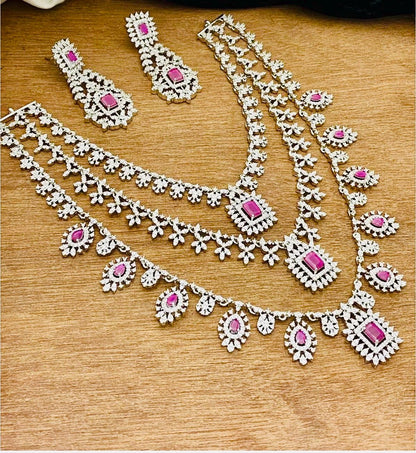 Silver Finish CZ Necklace Set: 3-Step American Diamond Jewelry