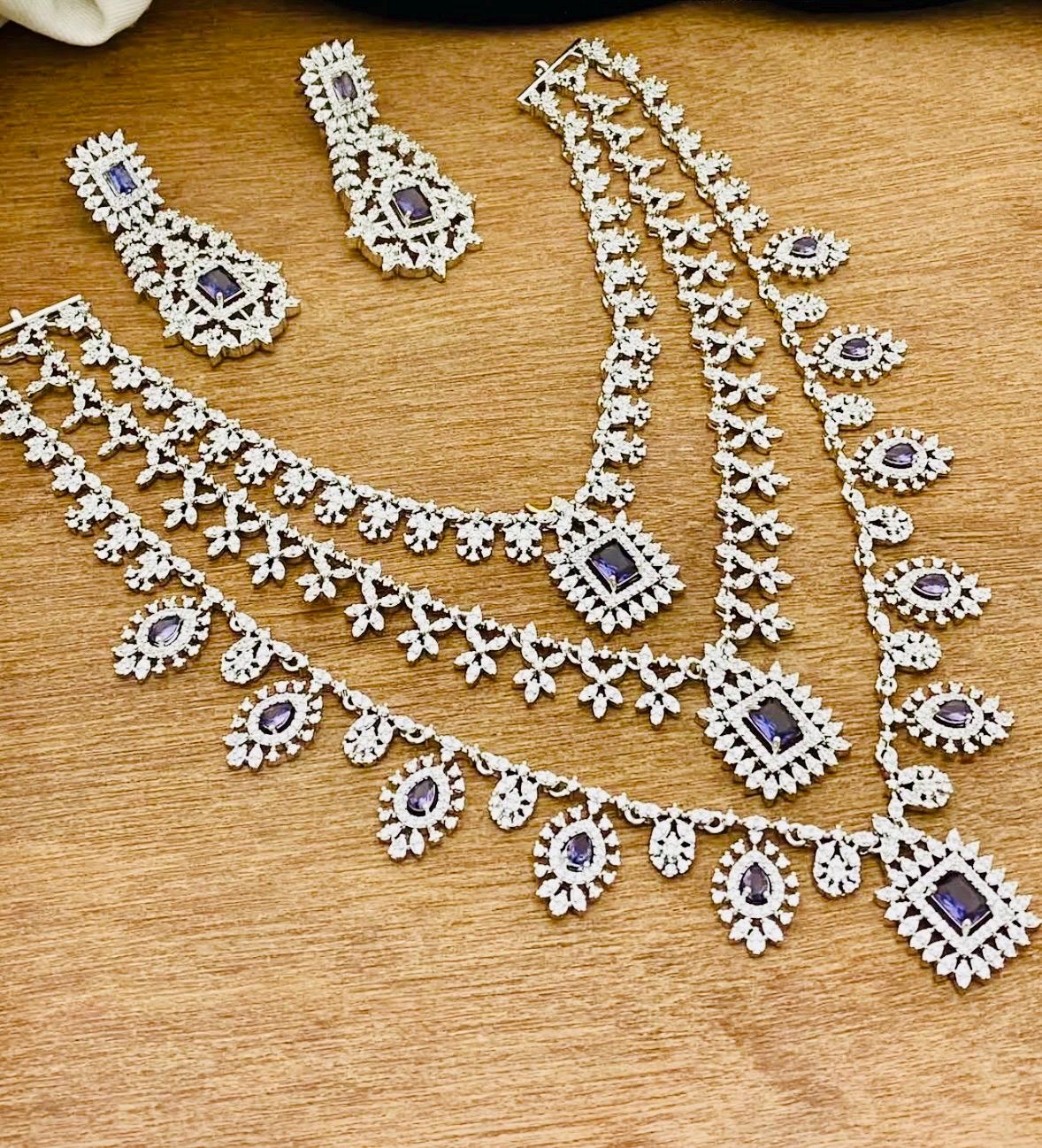 Silver Finish CZ Necklace Set: 3-Step American Diamond Jewelry
