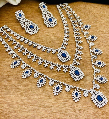 Silver Finish CZ Necklace Set: 3-Step American Diamond Jewelry