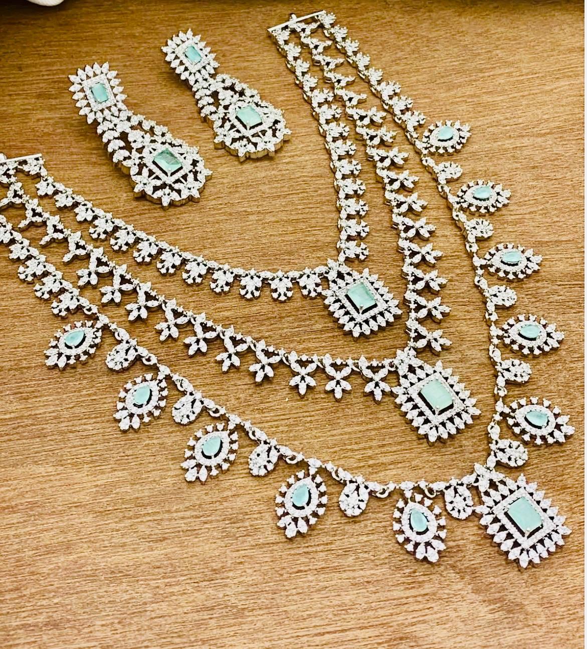 Silver Finish CZ Necklace Set: 3-Step American Diamond Jewelry