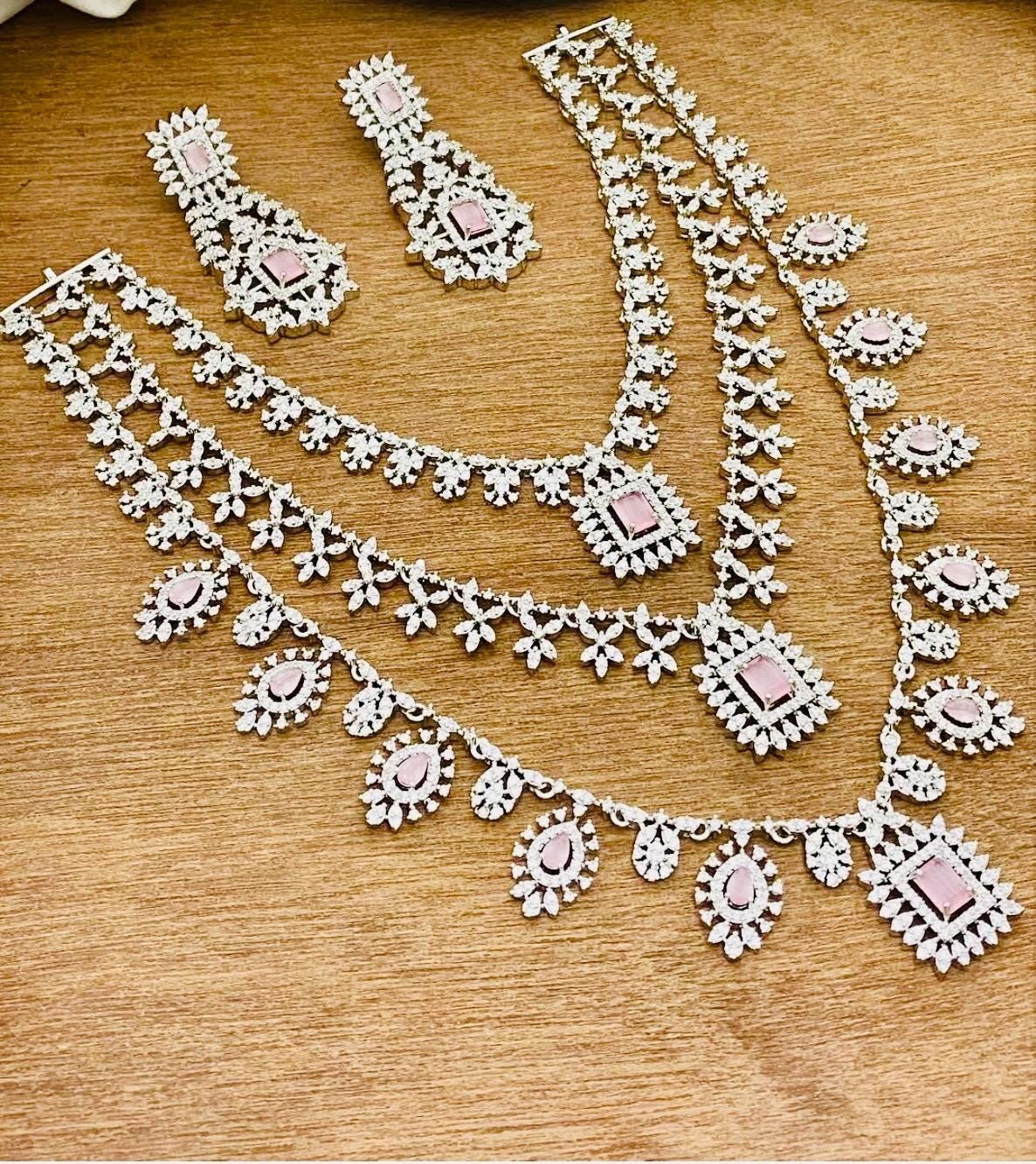Silver Finish CZ Necklace Set: 3-Step American Diamond Jewelry
