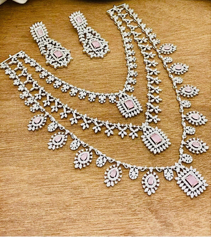 Silver Finish CZ Necklace Set: 3-Step American Diamond Jewelry