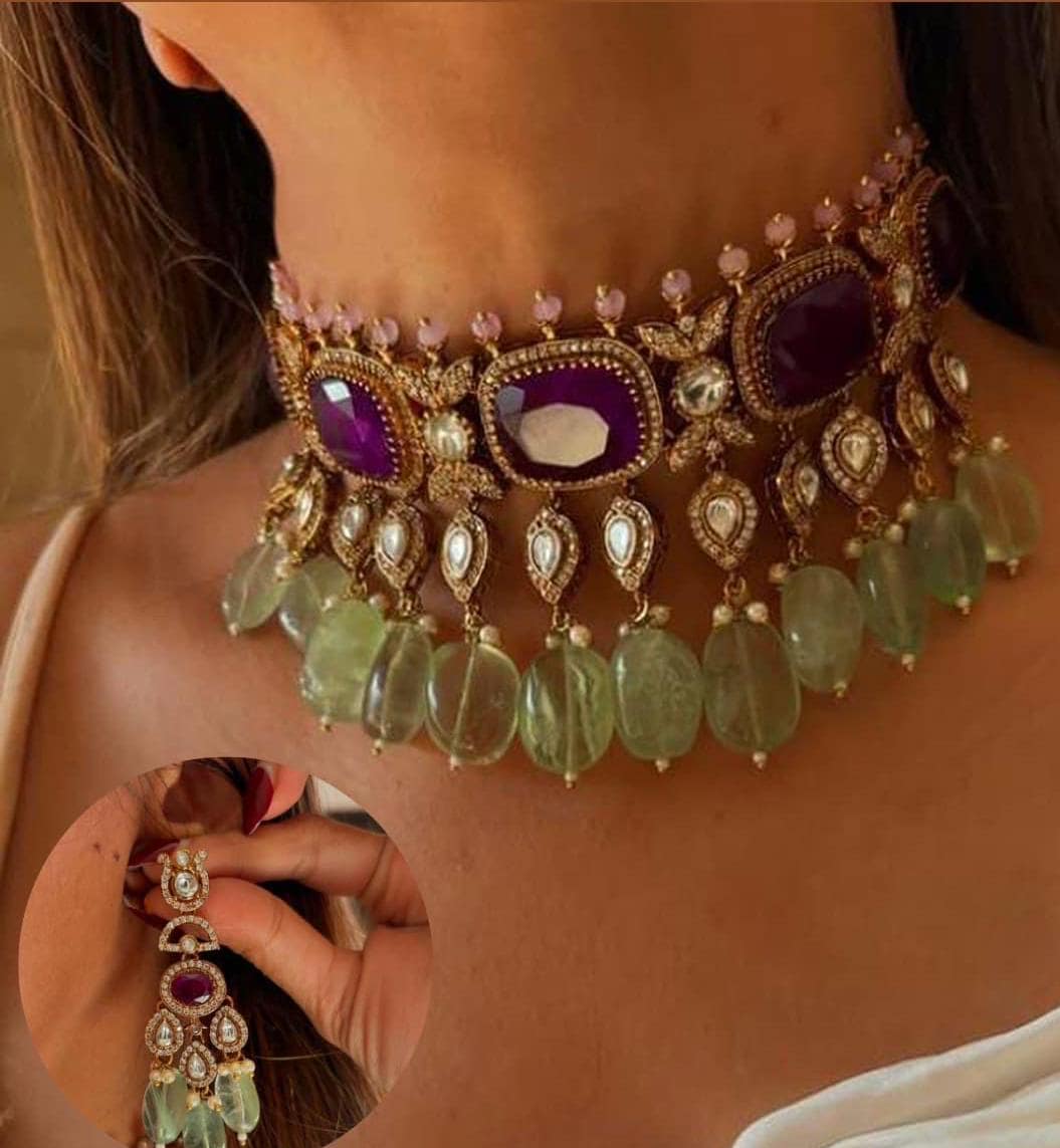 CZ Kundan Choker Necklace Set: Gold-Plated Bridal Jewelry