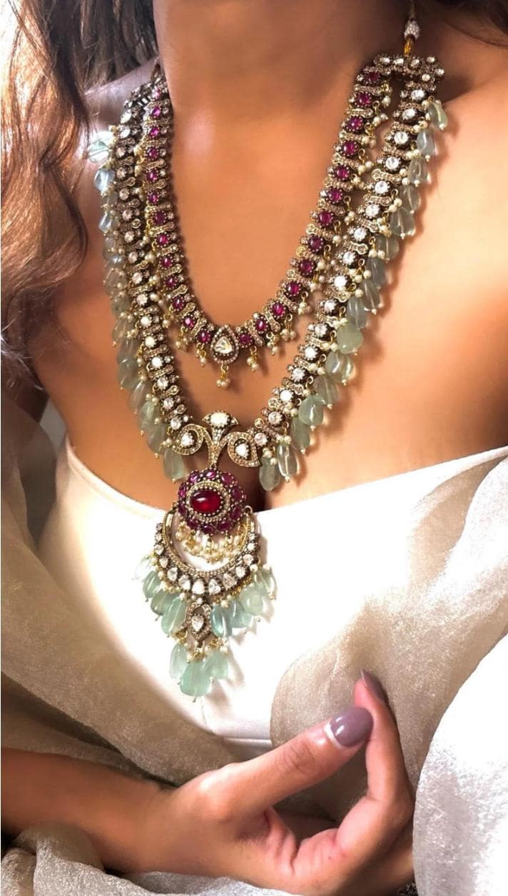 Indian Bridal Necklace Set | Kundan Style, Red & Green Beads (Set Includes Earrings)
