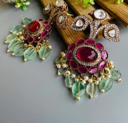 Indian Bridal Necklace Set | Kundan Style, Red & Green Beads (Set Includes Earrings)