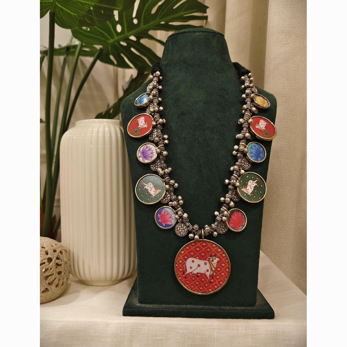 Handpainted Brass Statement Necklace: Ethnic Boho Festival Jewelry